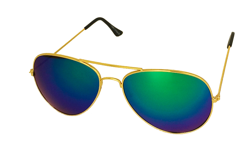 Goudkleurige pilotenbril met groenblauwe multi-gekleurde glazen.