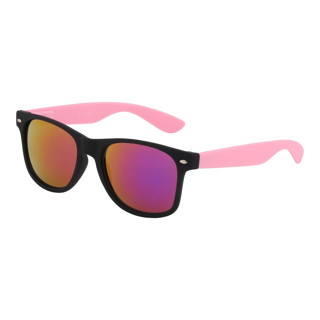 Wayfarer zonnebril met zacht roze poten en multi-gekleurde glazen.