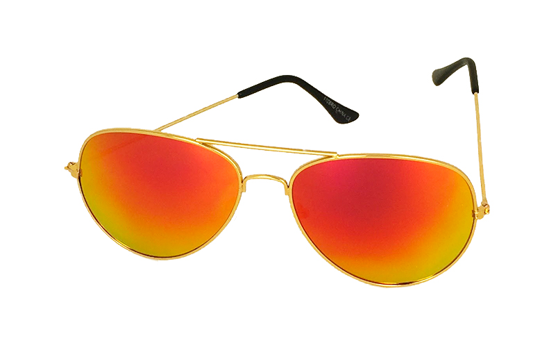 Goudkleurige pilotenbril met oranje-gele spiegelglazen.